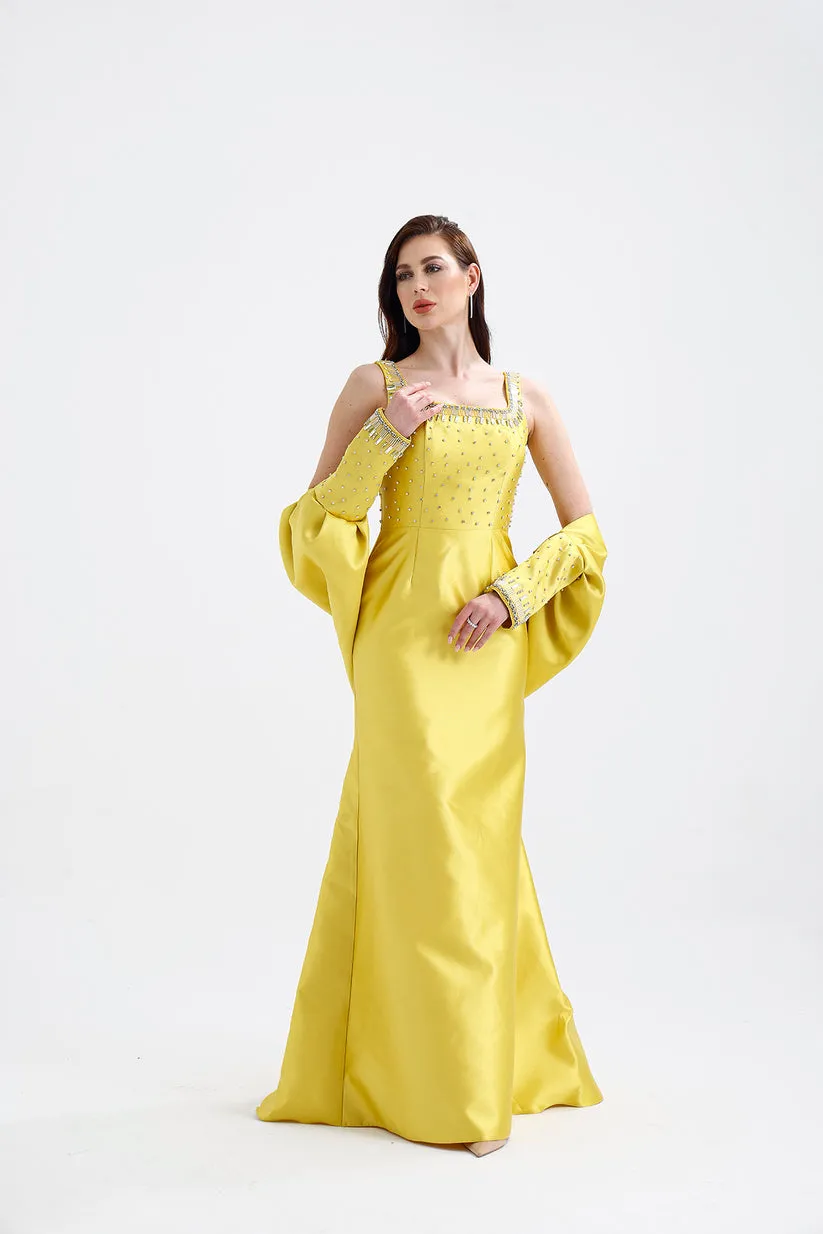 𝐂𝐋𝐀𝐑𝐀 Askılı Yaka Taş İşlemeli Seyyar Kollu Balık Kesim Abiye Elbise T56756