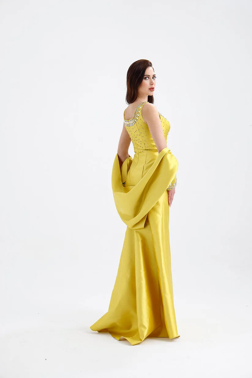 𝐂𝐋𝐀𝐑𝐀 Askılı Yaka Taş İşlemeli Seyyar Kollu Balık Kesim Abiye Elbise T56756
