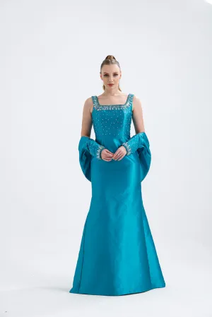 𝐂𝐋𝐀𝐑𝐀 Askılı Yaka Taş İşlemeli Seyyar Kollu Balık Kesim Abiye Elbise T56756