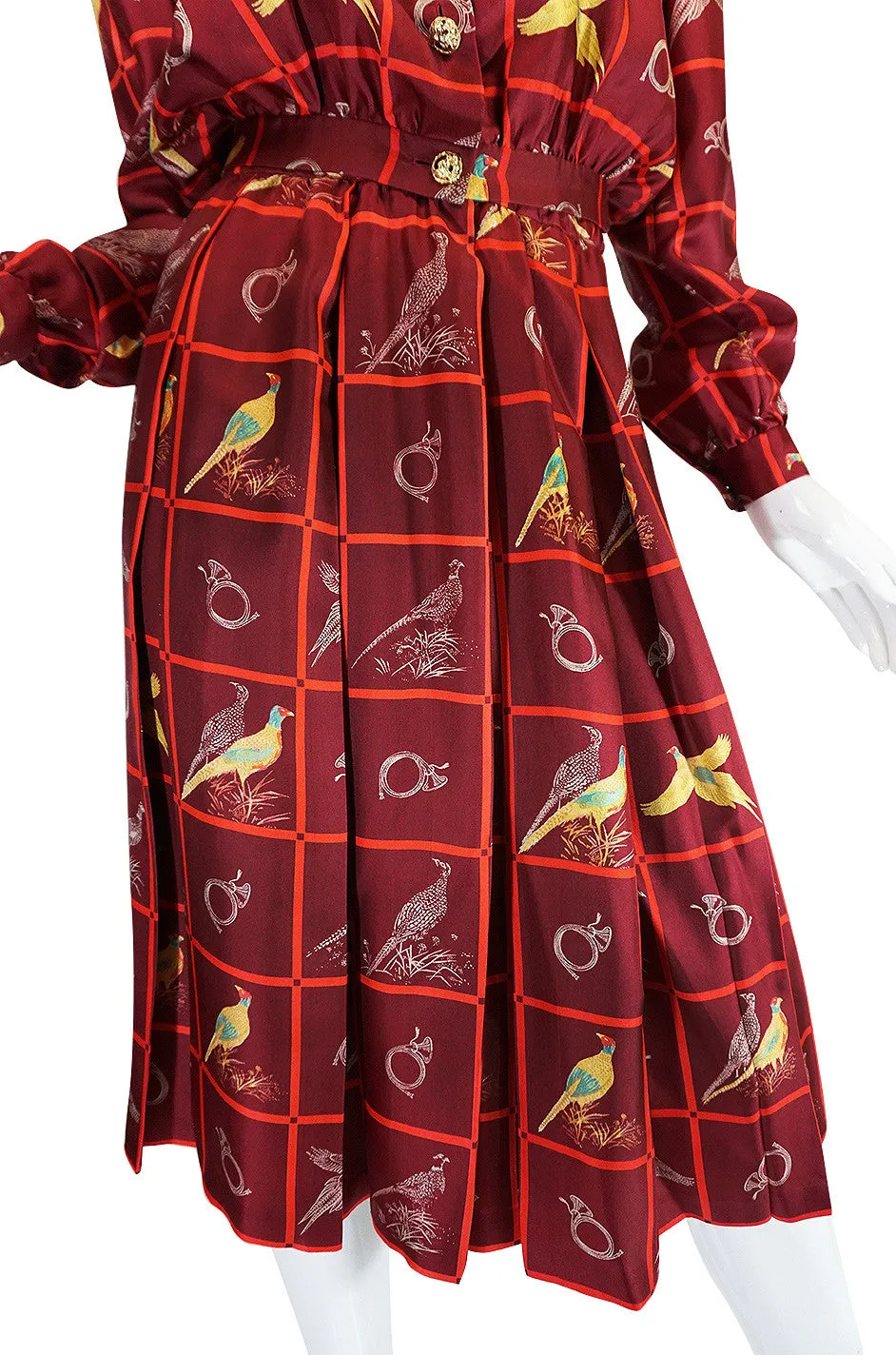 1970s Rare Gucci Silk "Pheasant" Print Shirt & Skirt Set