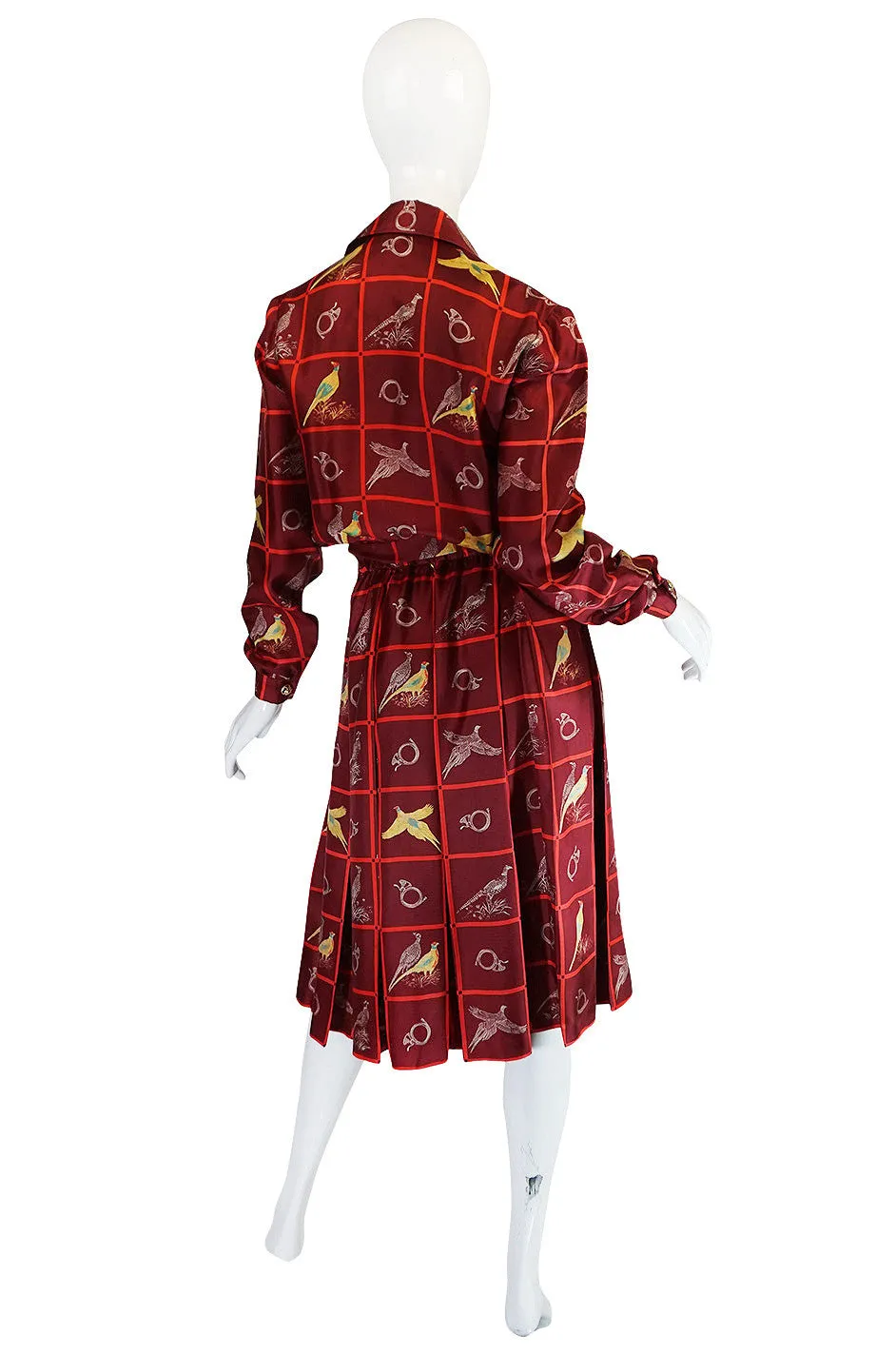 1970s Rare Gucci Silk "Pheasant" Print Shirt & Skirt Set