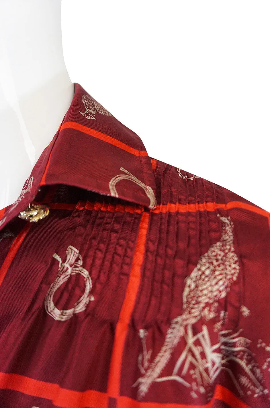 1970s Rare Gucci Silk "Pheasant" Print Shirt & Skirt Set