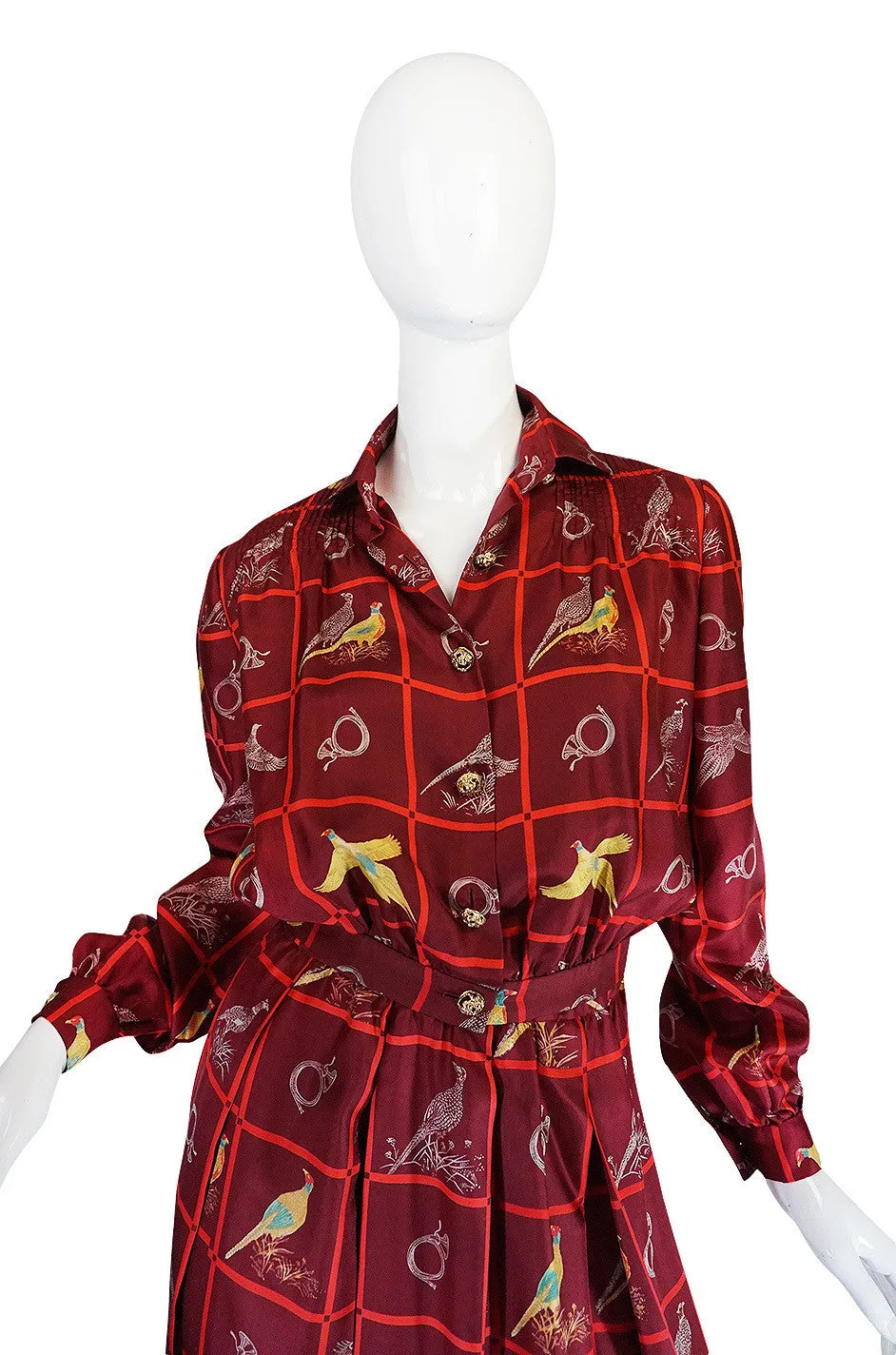 1970s Rare Gucci Silk "Pheasant" Print Shirt & Skirt Set