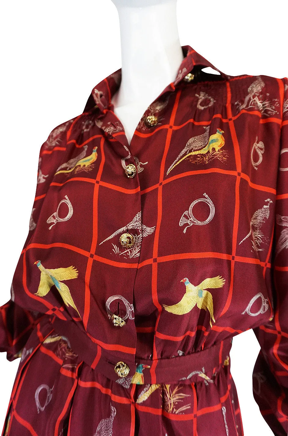 1970s Rare Gucci Silk "Pheasant" Print Shirt & Skirt Set
