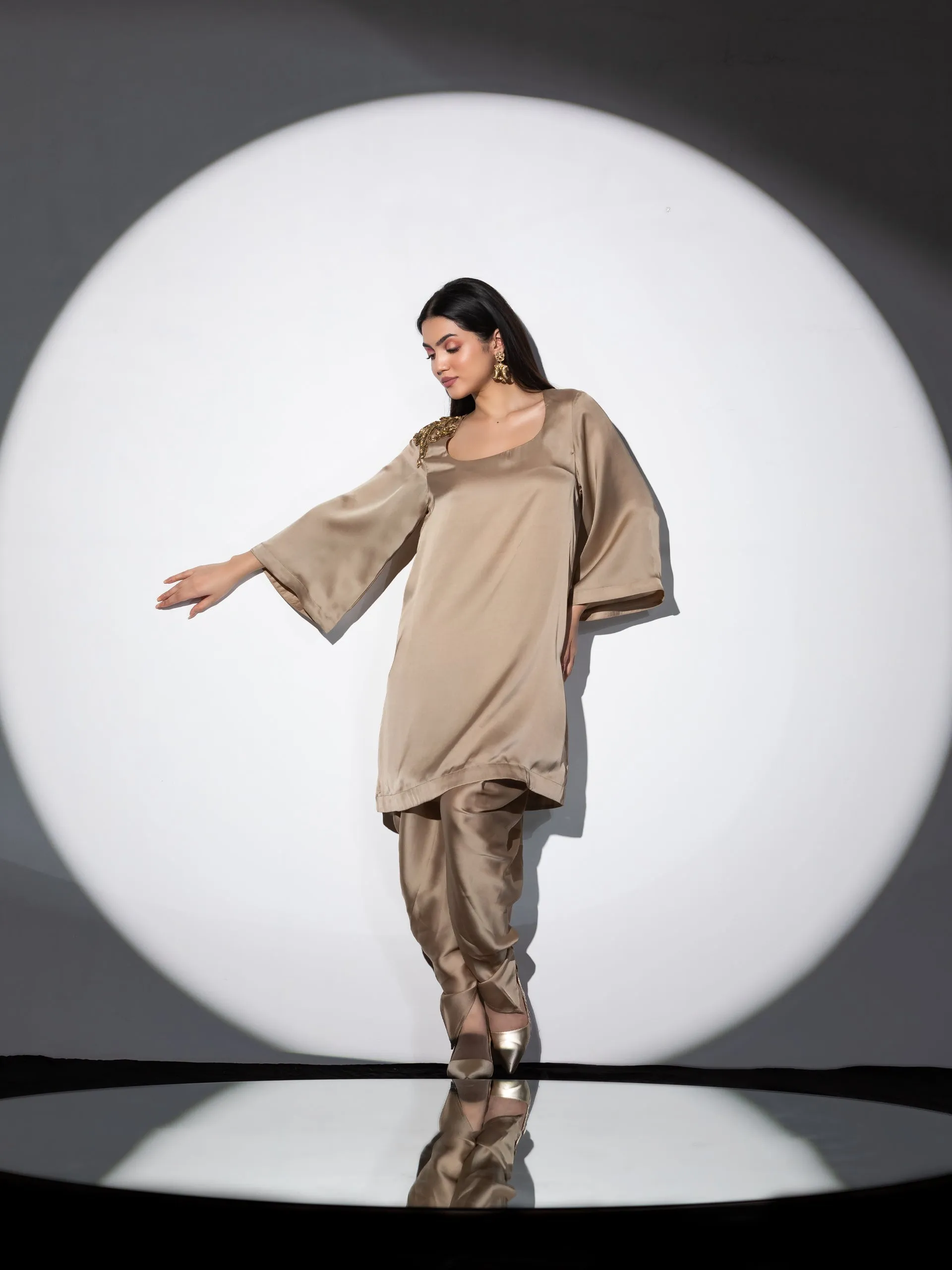 2 Piece Set | Peanut Bronze Zardozi Shoulder Top with Dhoti Pants