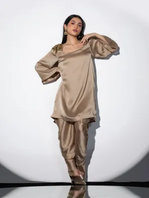 2 Piece Set | Peanut Bronze Zardozi Shoulder Top with Dhoti Pants