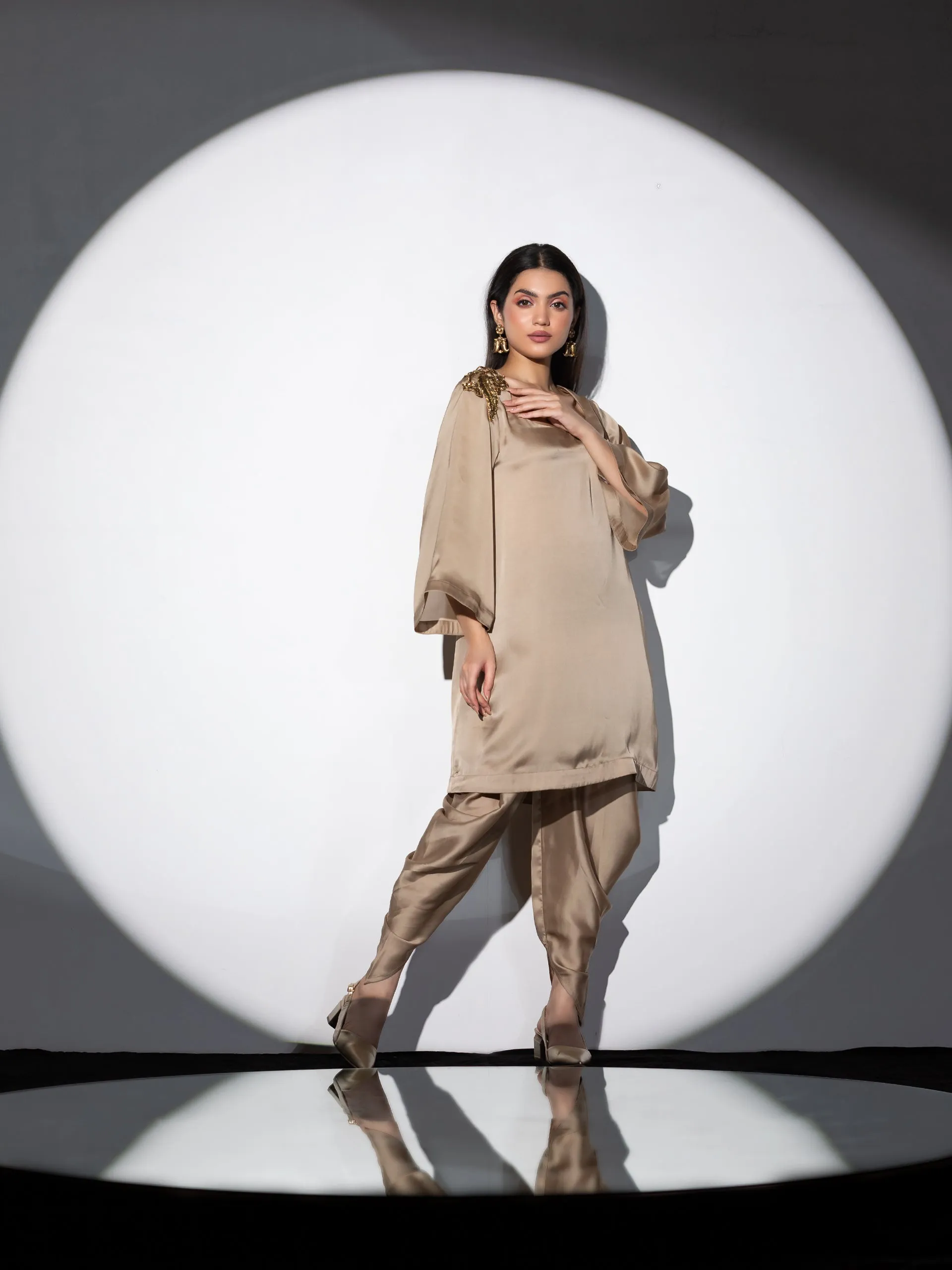 2 Piece Set | Peanut Bronze Zardozi Shoulder Top with Dhoti Pants