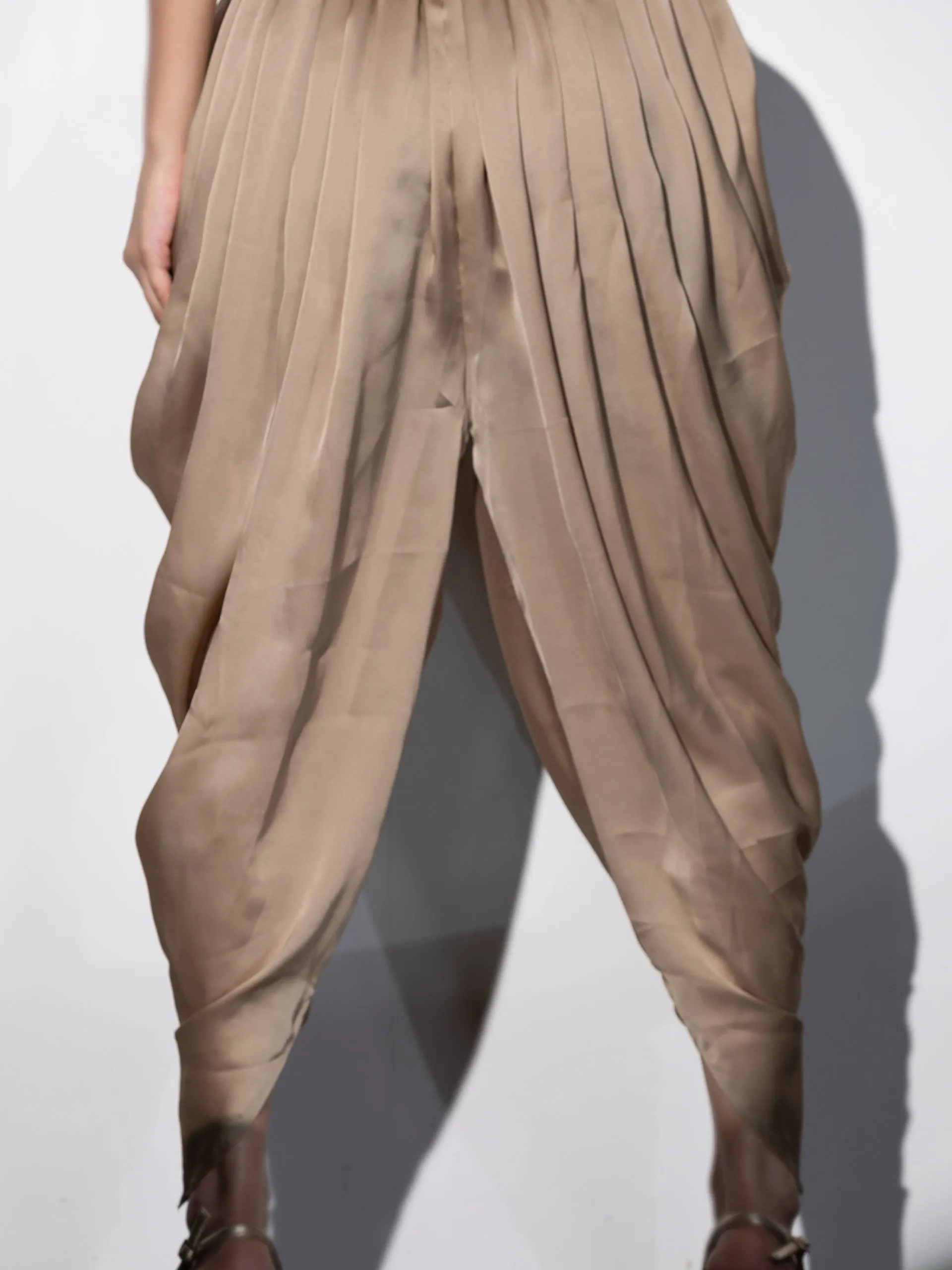 2 Piece Set | Peanut Bronze Zardozi Shoulder Top with Dhoti Pants