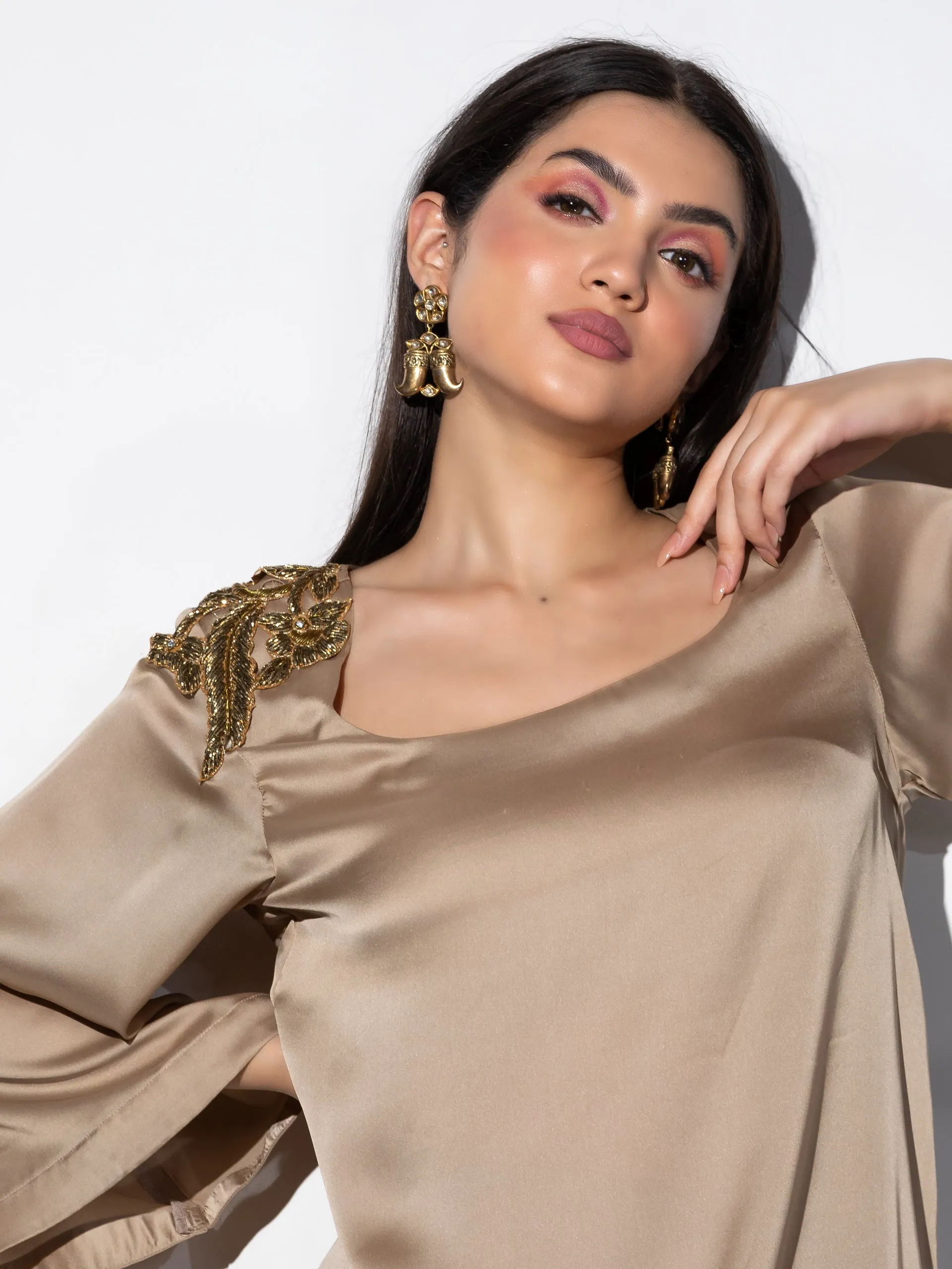 2 Piece Set | Peanut Bronze Zardozi Shoulder Top with Dhoti Pants