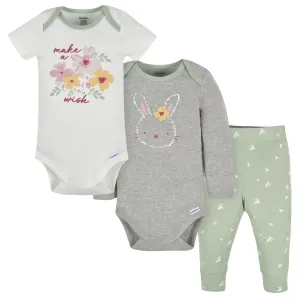 3-Piece Baby Girls Bunny Onesies® Bodysuits and Pants Set