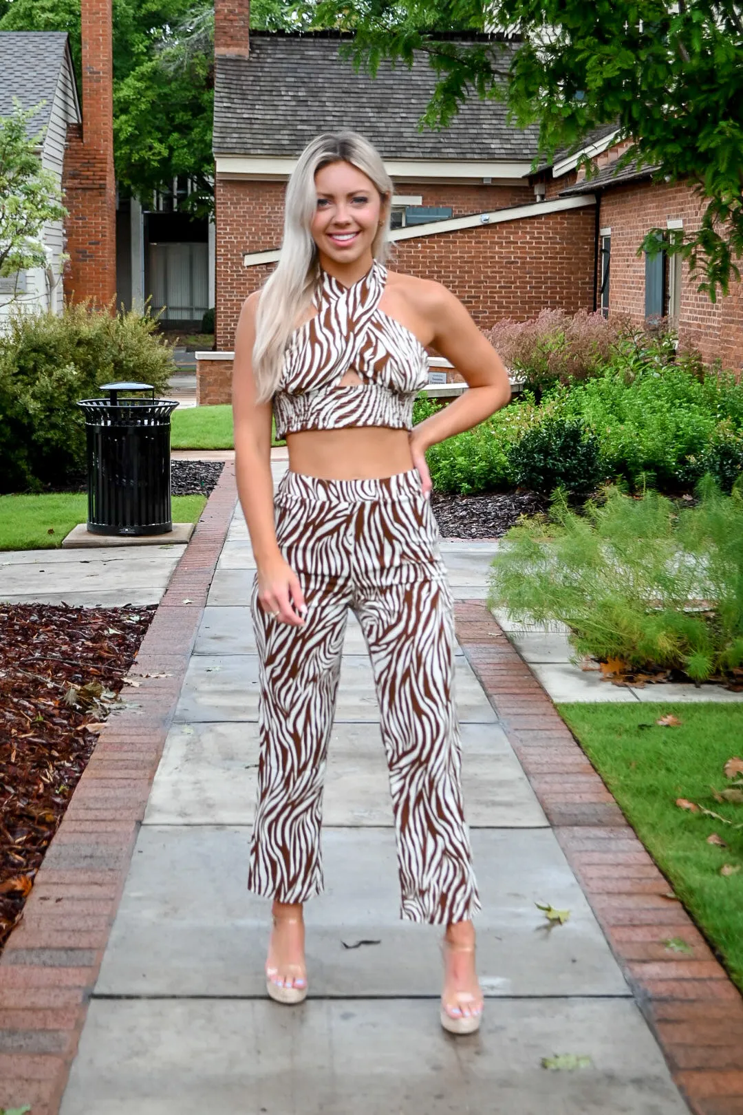 Animal Print Halter Pant Set- Cream/Brown