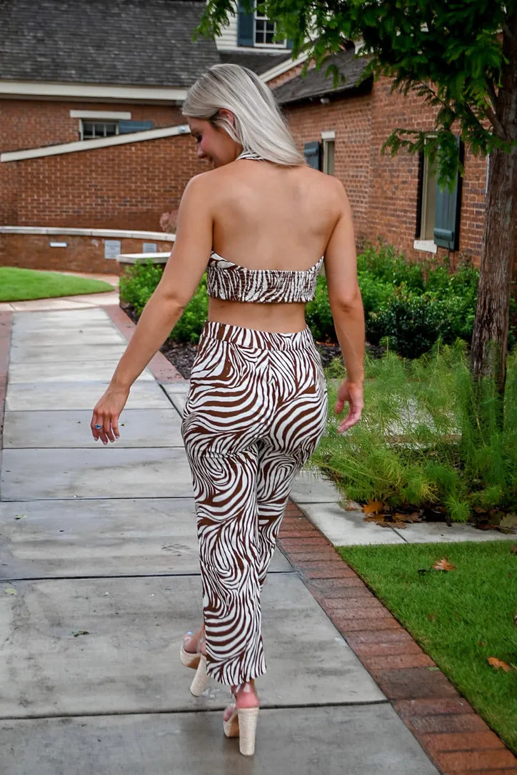 Animal Print Halter Pant Set- Cream/Brown