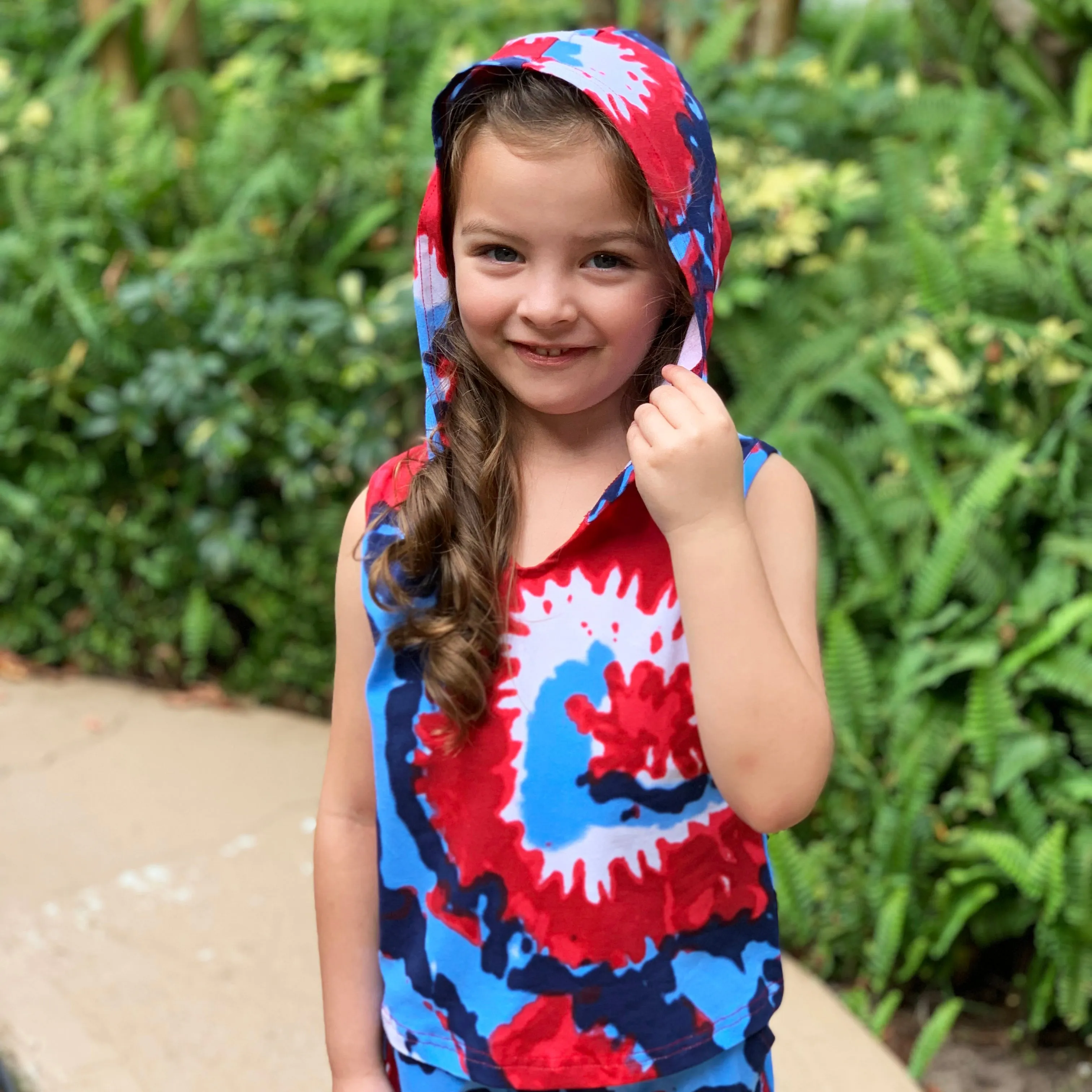 AnnLoren Girls Red White & Blue Tie Dye Hoodie Tank and Shorts Set 4th of July