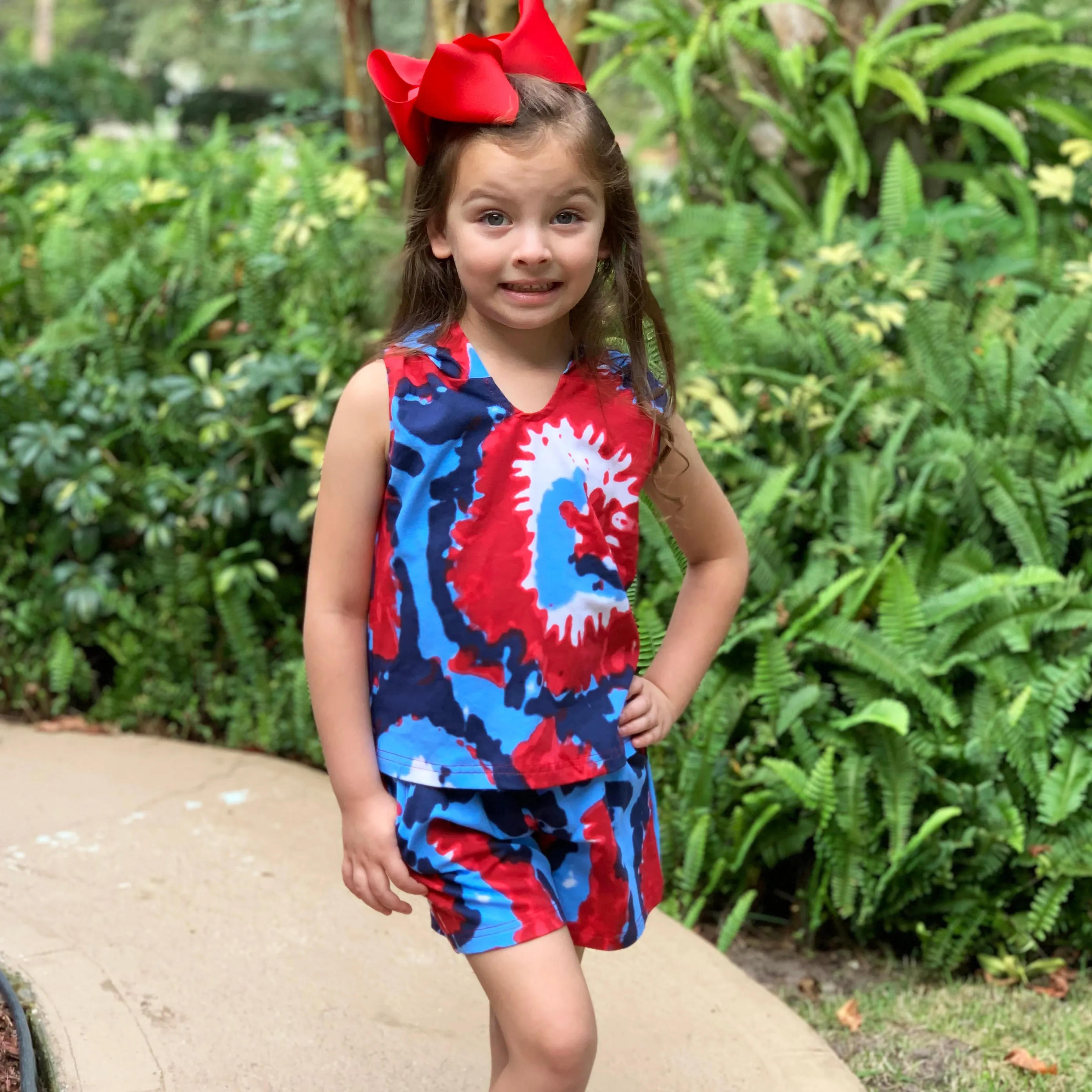 AnnLoren Girls Red White & Blue Tie Dye Hoodie Tank and Shorts Set 4th of July