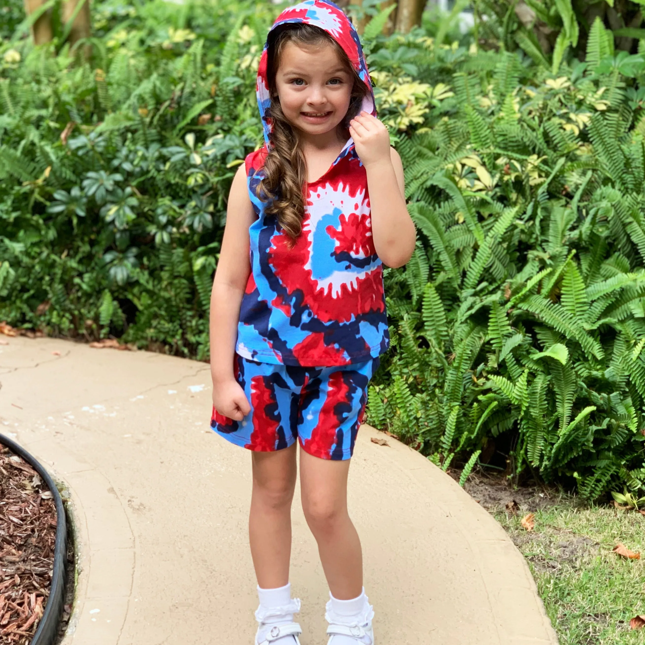 AnnLoren Girls Red White & Blue Tie Dye Hoodie Tank and Shorts Set 4th of July