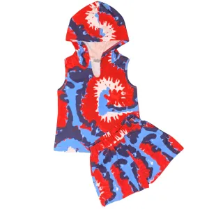AnnLoren Girls Red White & Blue Tie Dye Hoodie Tank and Shorts Set 4th of July