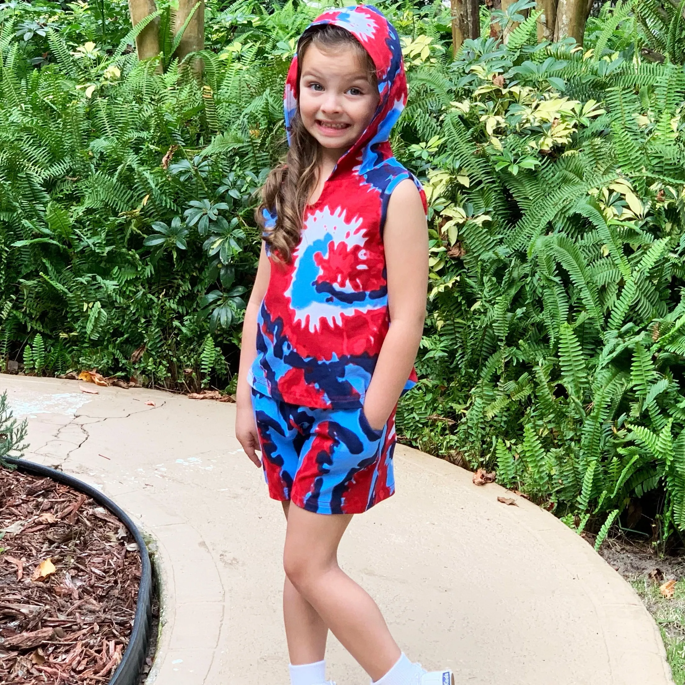 AnnLoren Girls Red White & Blue Tie Dye Hoodie Tank and Shorts Set 4th of July