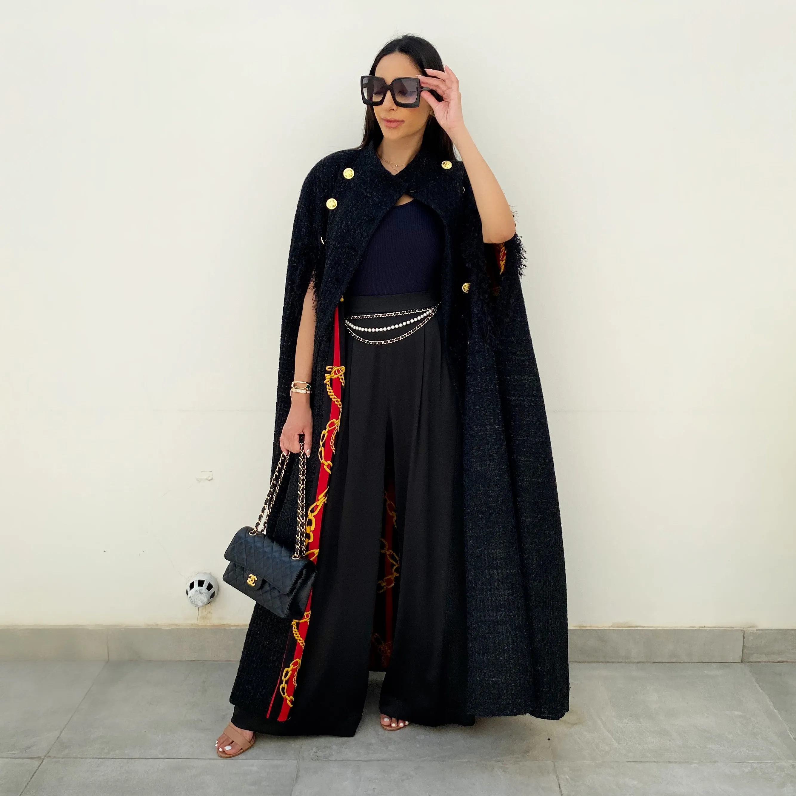AW20 BLACK BOUCLE CONTRAST LINING CAPE