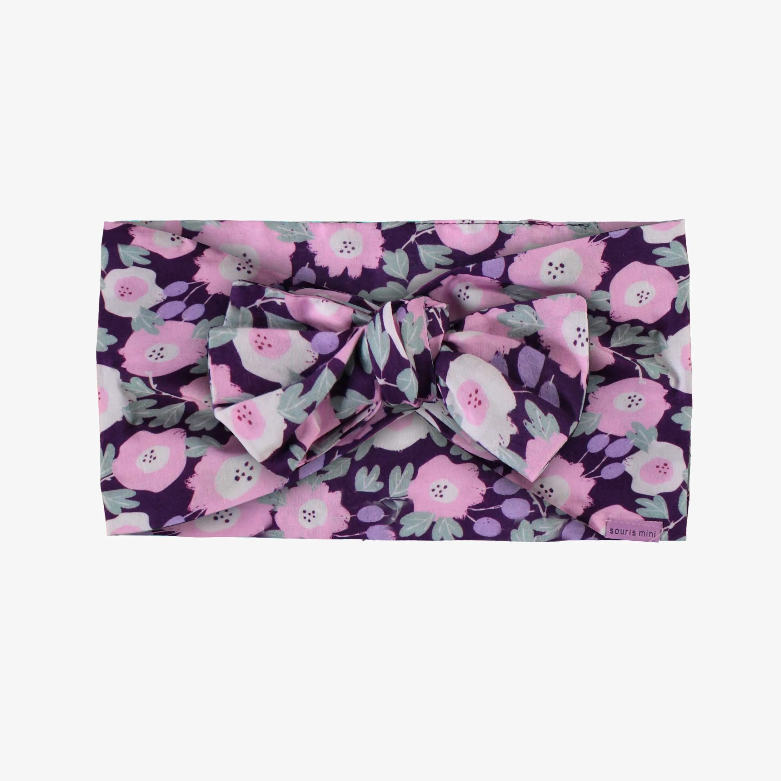 Bandeau mauve fleuri avec noeud en voile, enfant || Flowery purple headband with bow in cotton veil, child