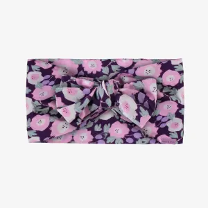 Bandeau mauve fleuri avec noeud en voile, enfant || Flowery purple headband with bow in cotton veil, child