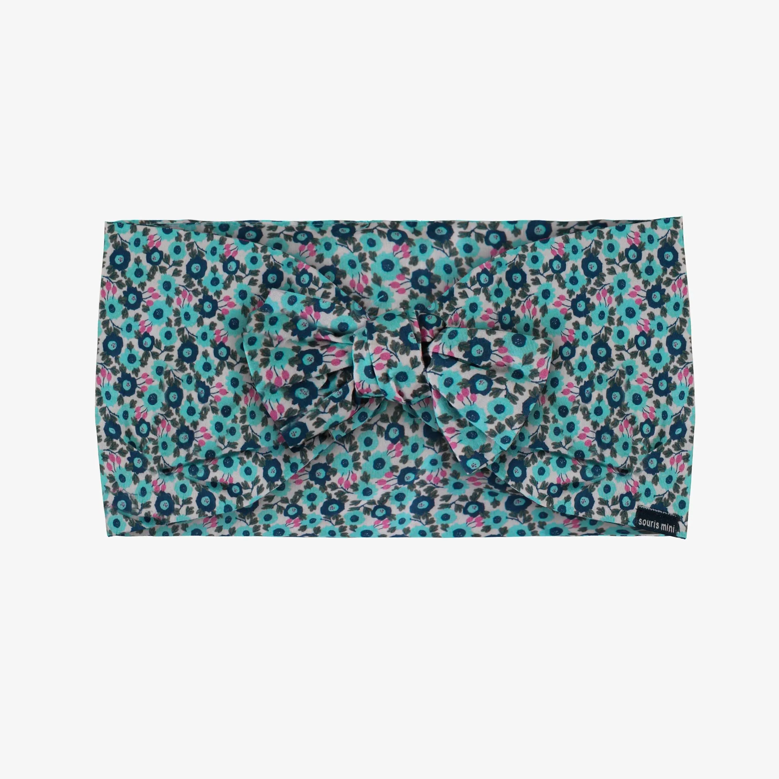 Bandeau turquoise fleuri avec noeud en voile, enfant || Flowery green headband in cotton veil with bow, child