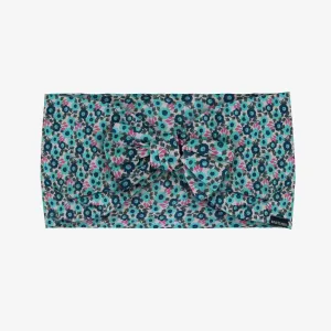 Bandeau turquoise fleuri avec noeud en voile, enfant || Flowery green headband in cotton veil with bow, child