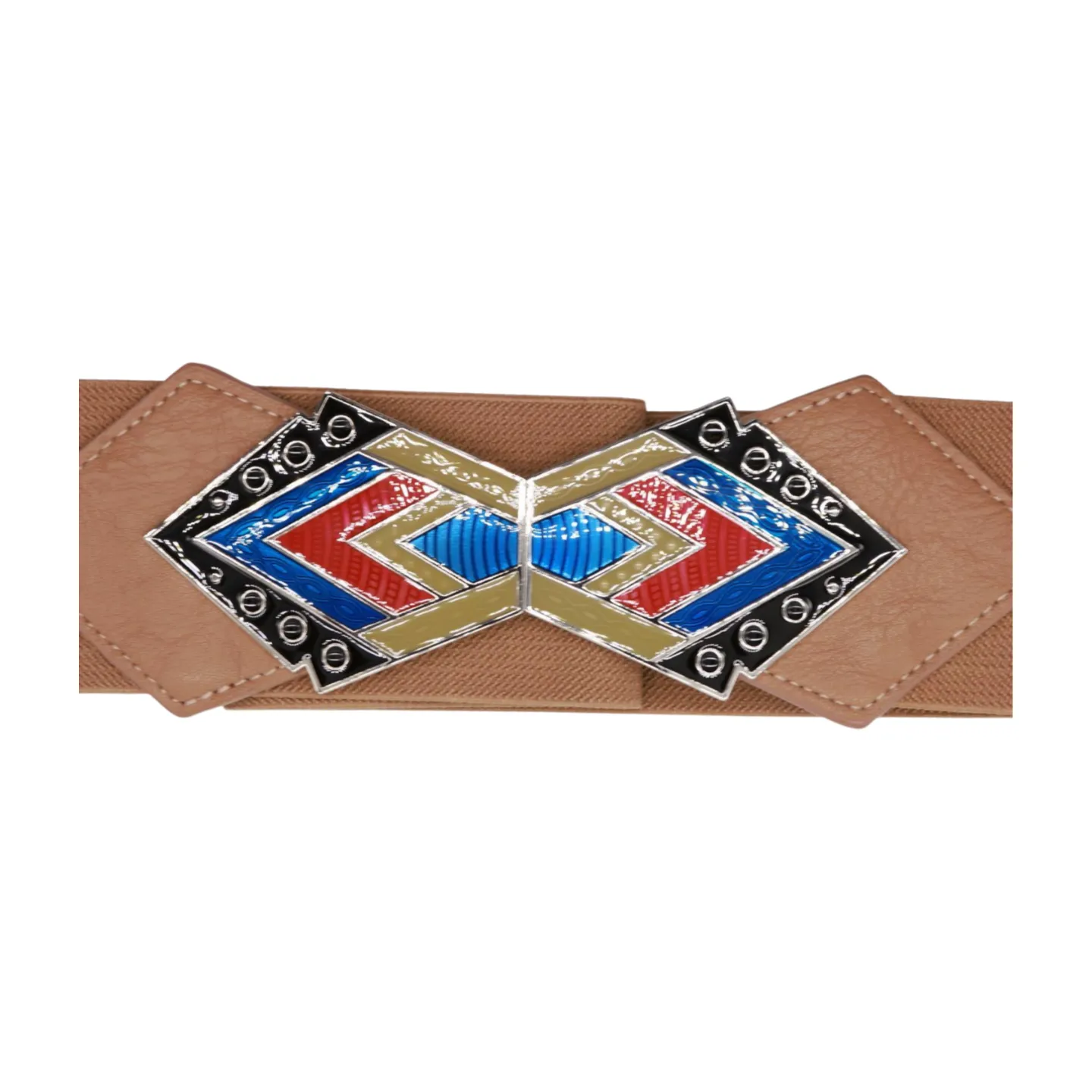 Beige Stretch Waistband Wide Belt Tribal Style Buckle S M