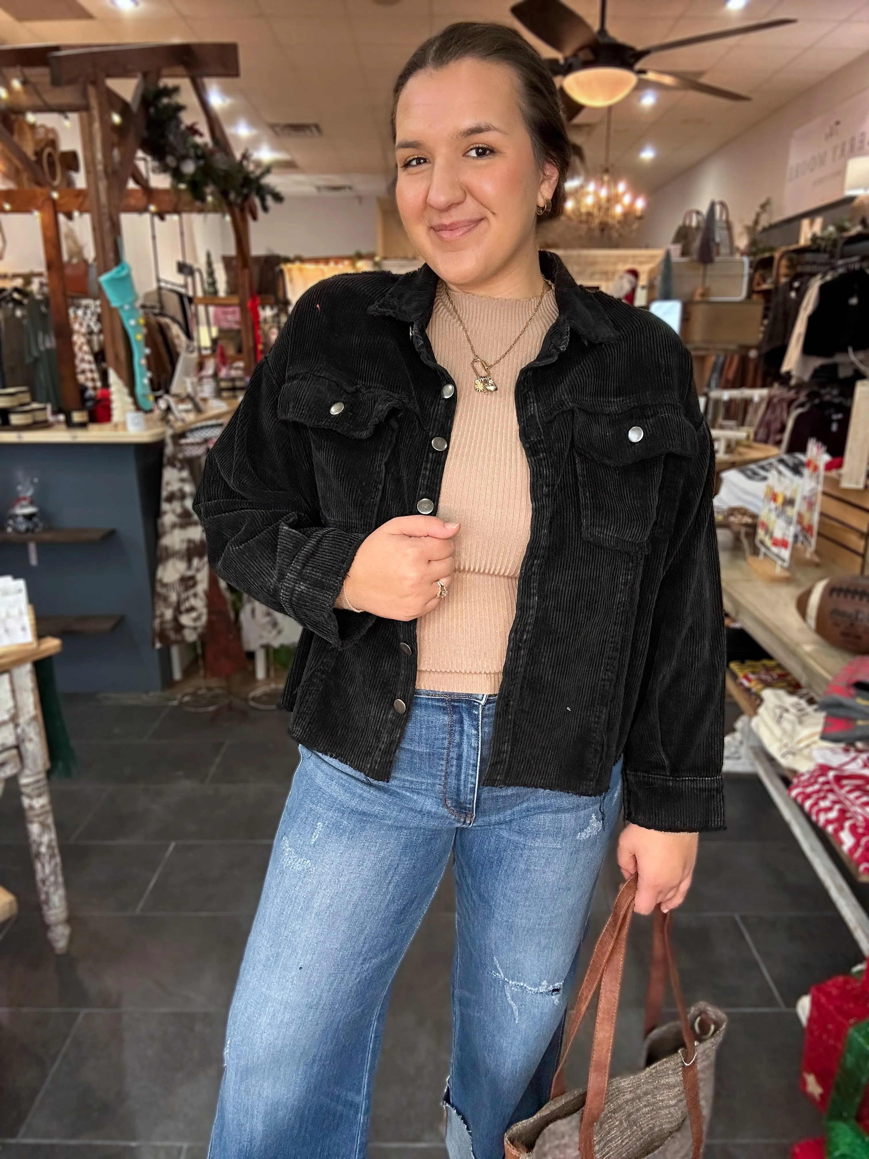 Black Corduroy Frayed Shacket