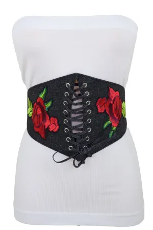 Black Denim High Waist Corset Elastic Band Belt Red Rose Flower Size S M
