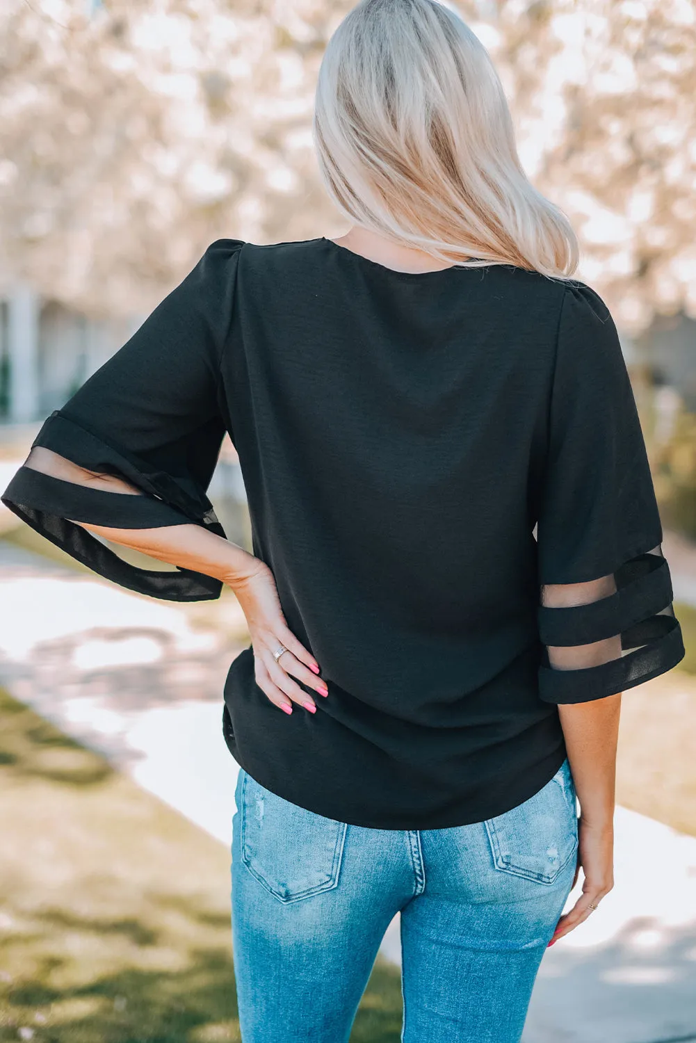 Black Flare Sleeve V Neck Loose Blouse