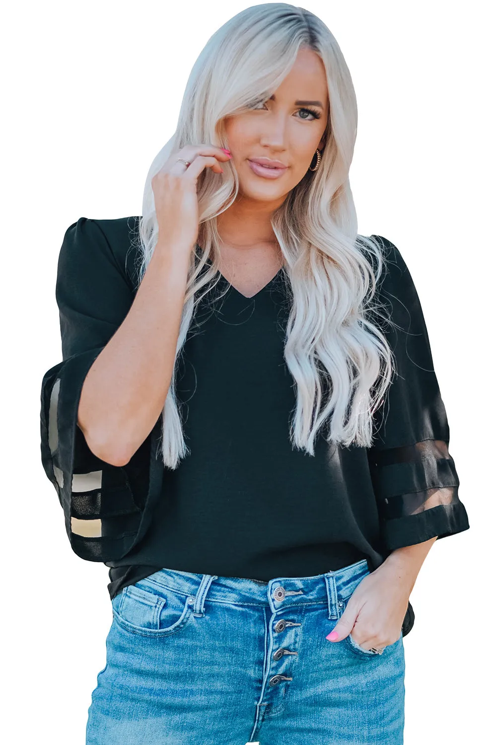 Black Flare Sleeve V Neck Loose Blouse