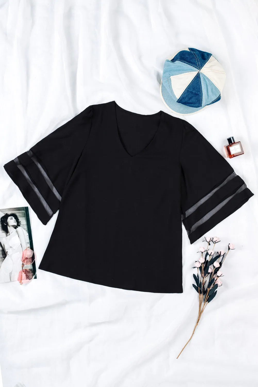 Black Flare Sleeve V Neck Loose Blouse