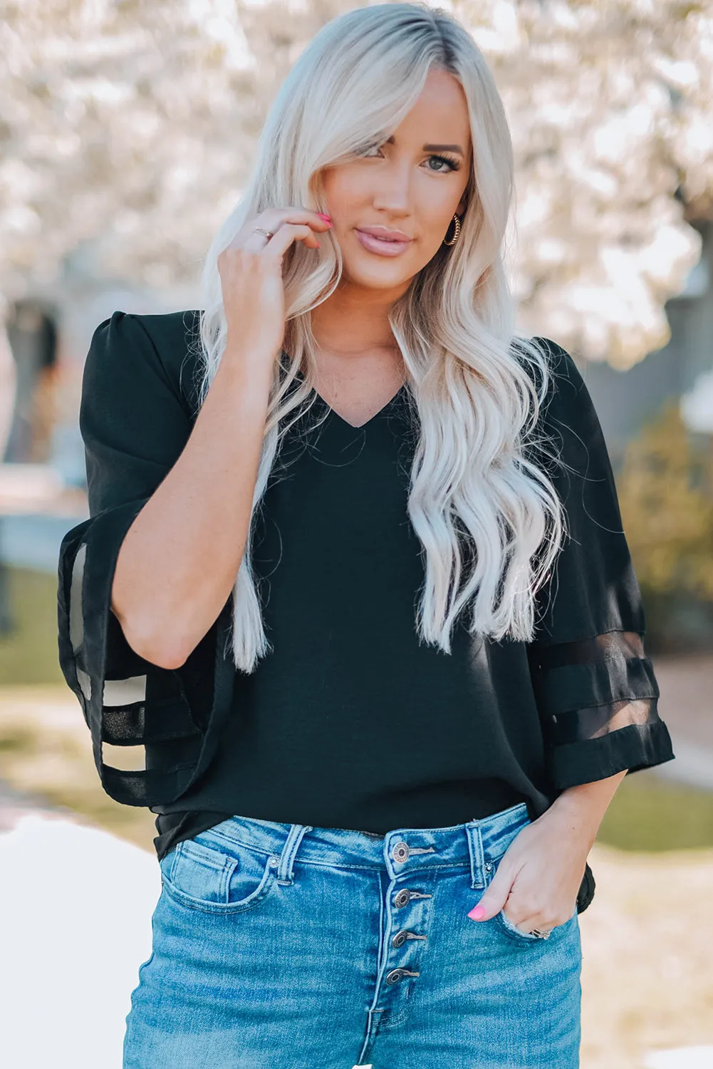 Black Flare Sleeve V Neck Loose Blouse
