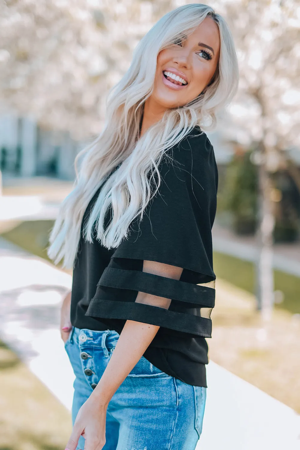 Black Flare Sleeve V Neck Loose Blouse