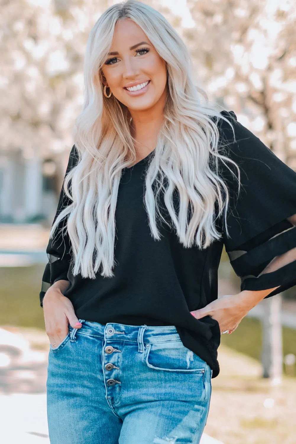 Black Flare Sleeve V Neck Loose Blouse