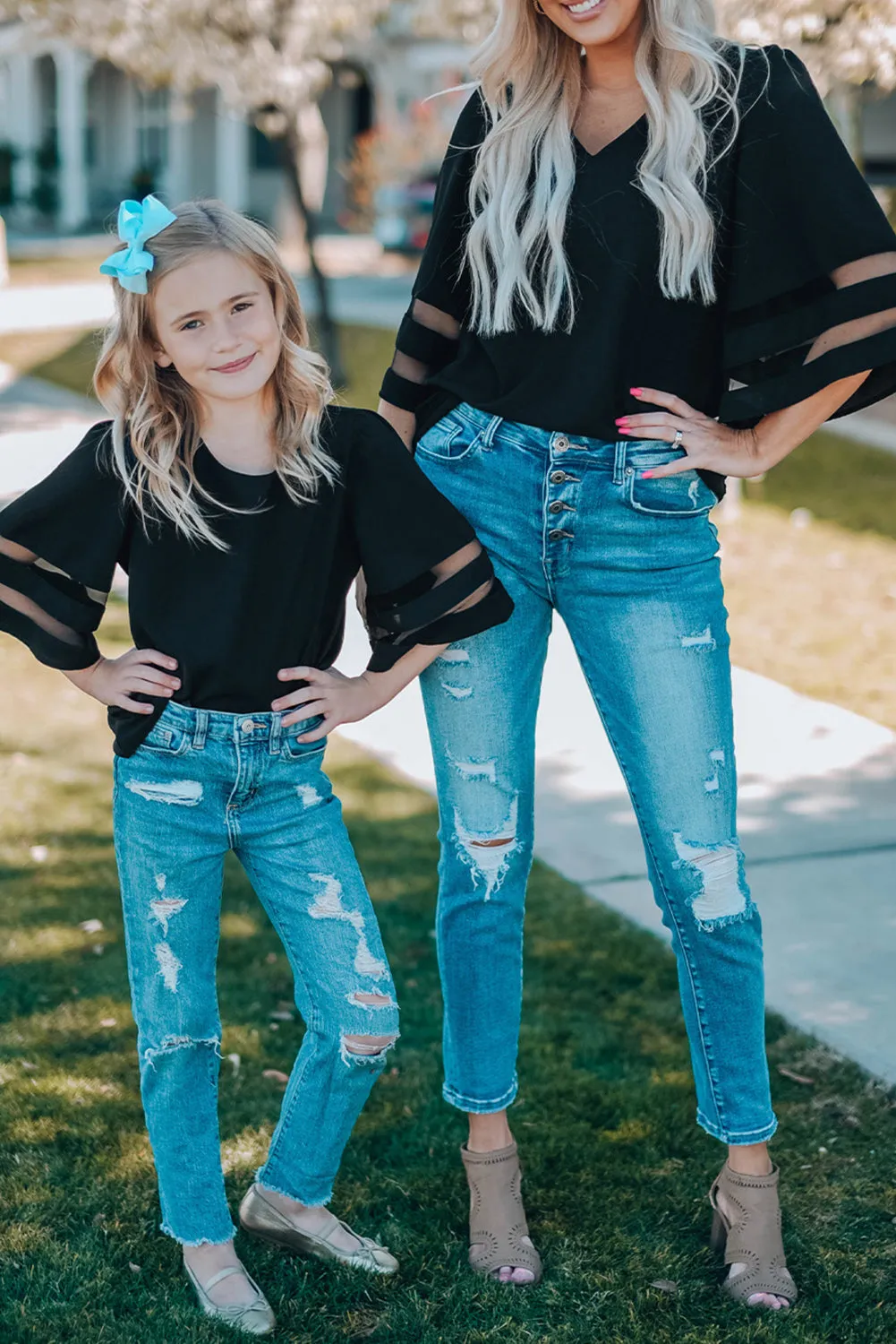 Black Flare Sleeve V Neck Loose Blouse