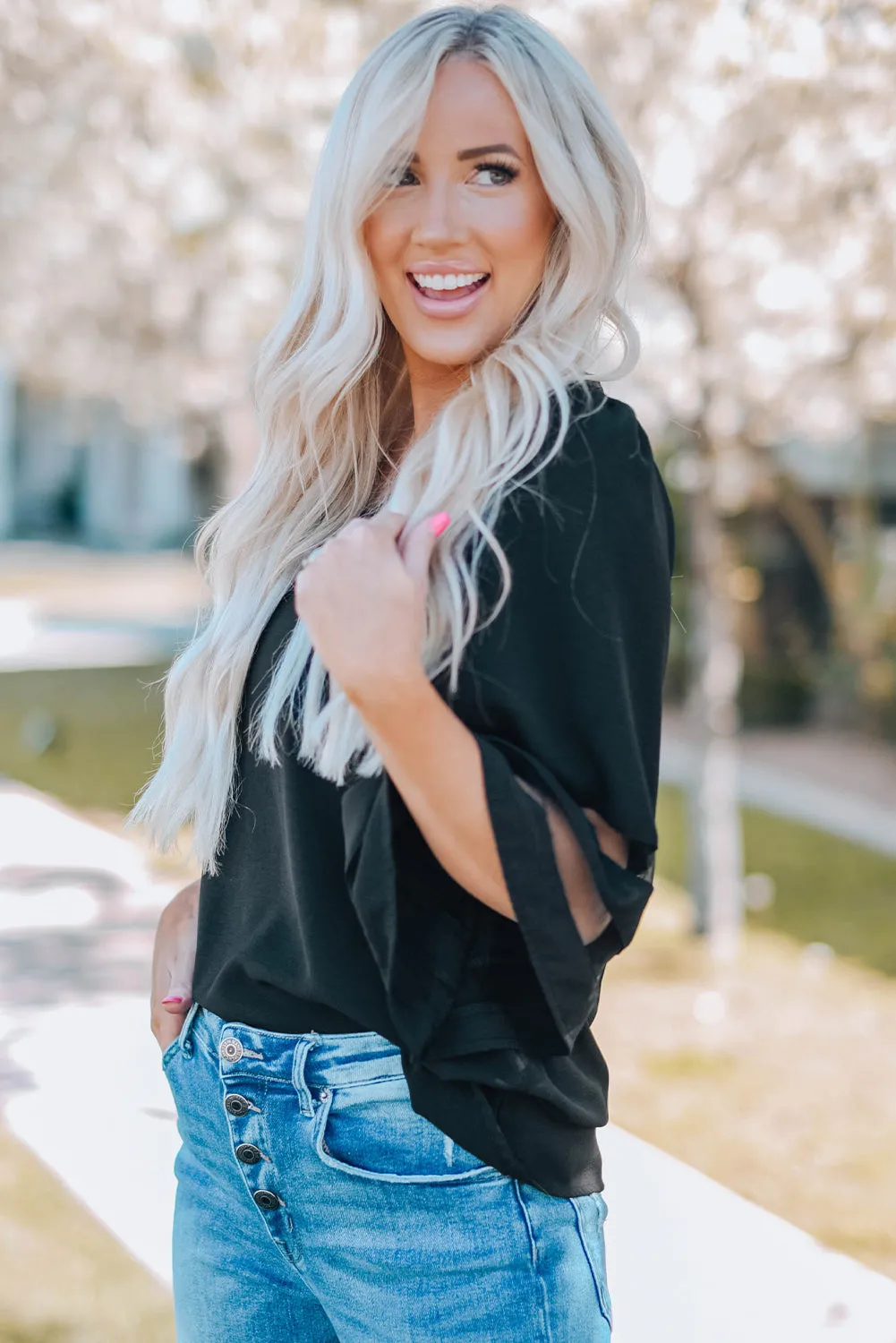 Black Flare Sleeve V Neck Loose Blouse