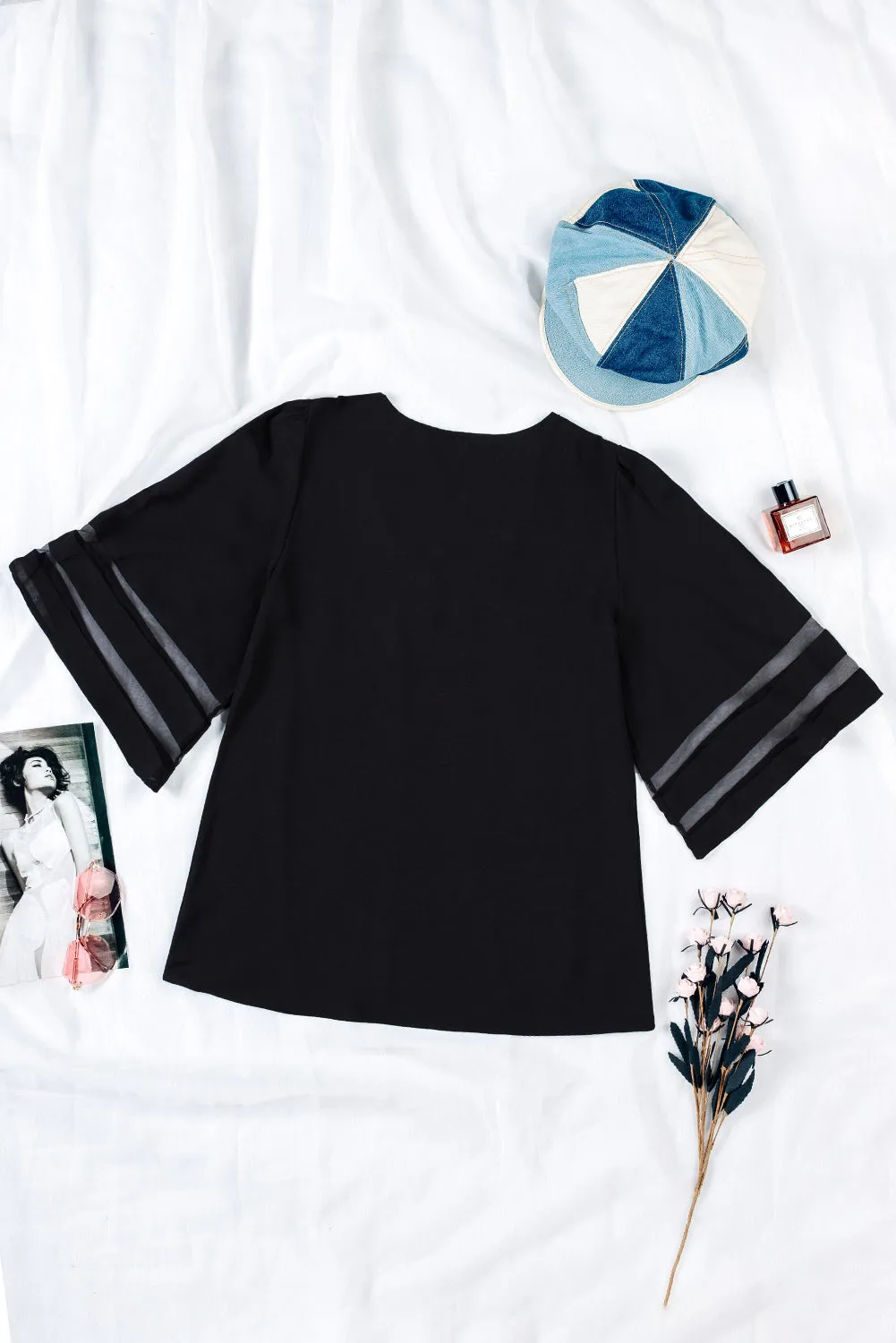 Black Flare Sleeve V Neck Loose Blouse