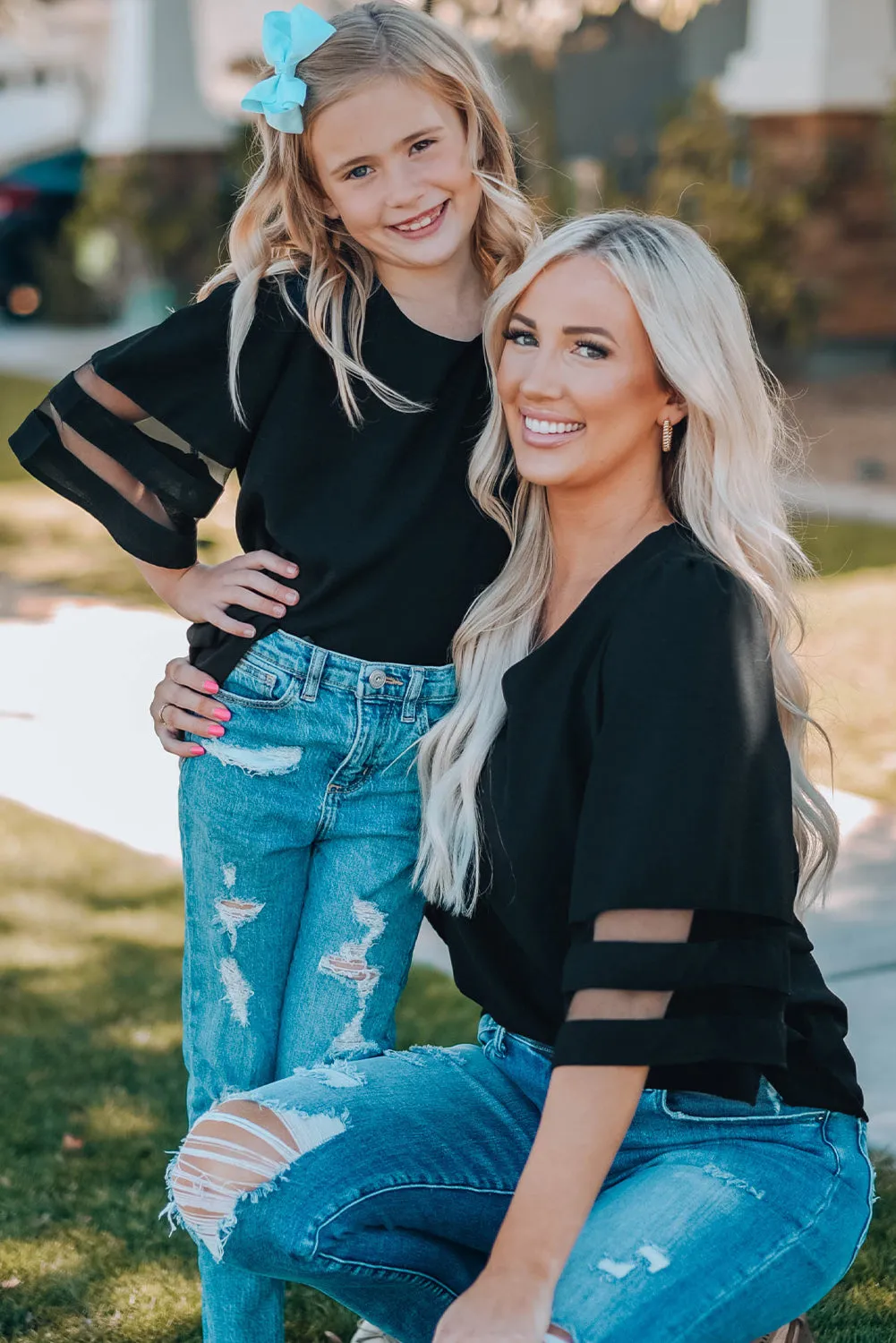Black Flare Sleeve V Neck Loose Blouse