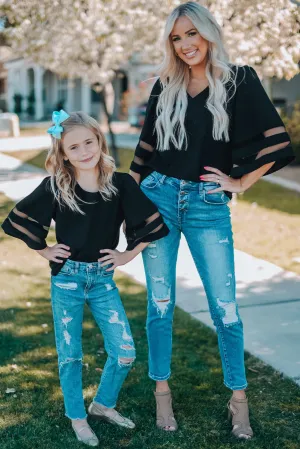 Black Flare Sleeve V Neck Loose Blouse