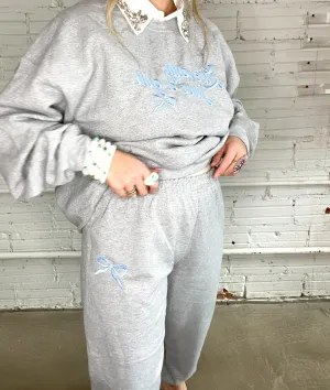 Blue Embroidered Bow Sweatpants