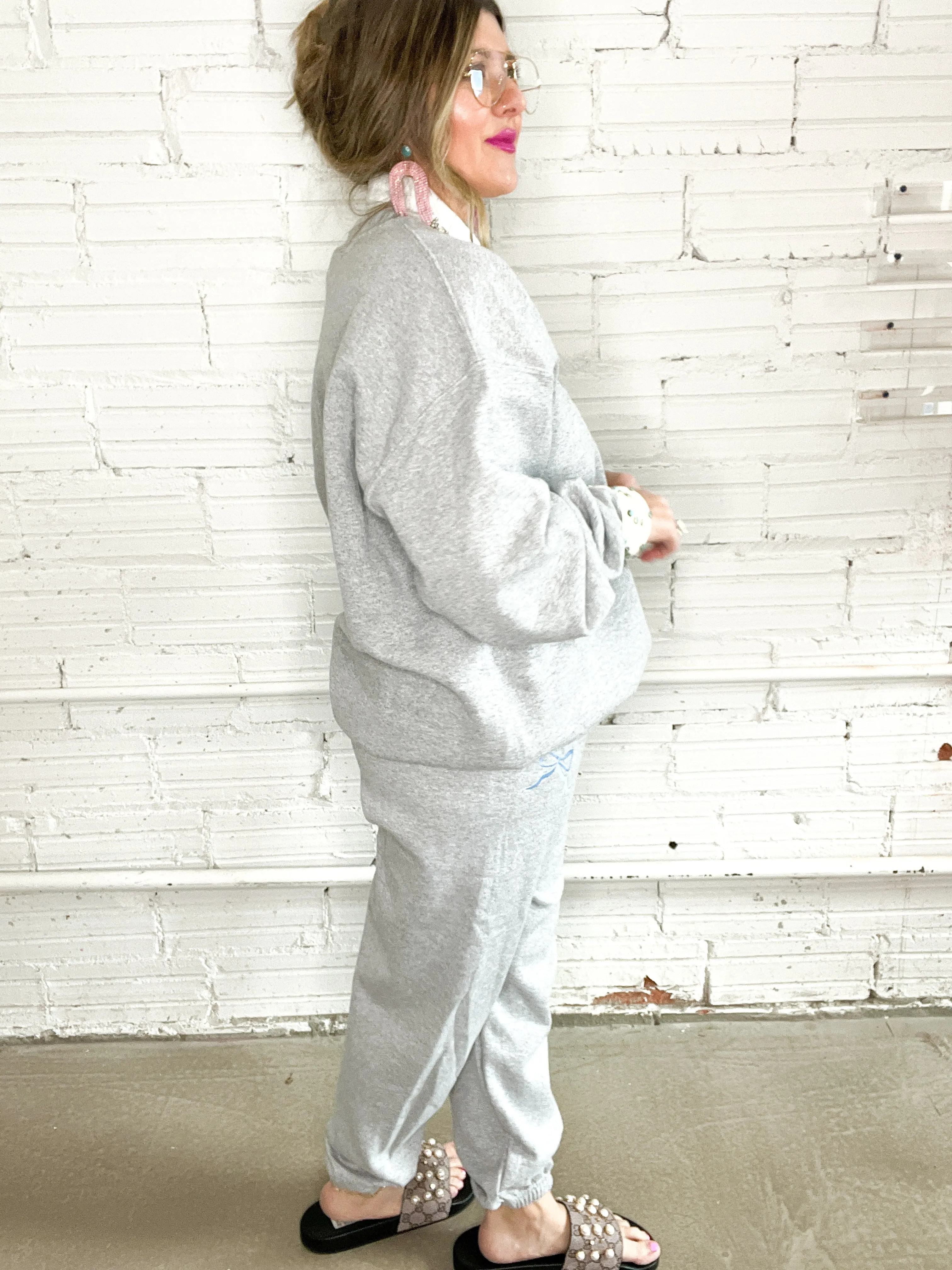 Blue Embroidered Bow Sweatpants