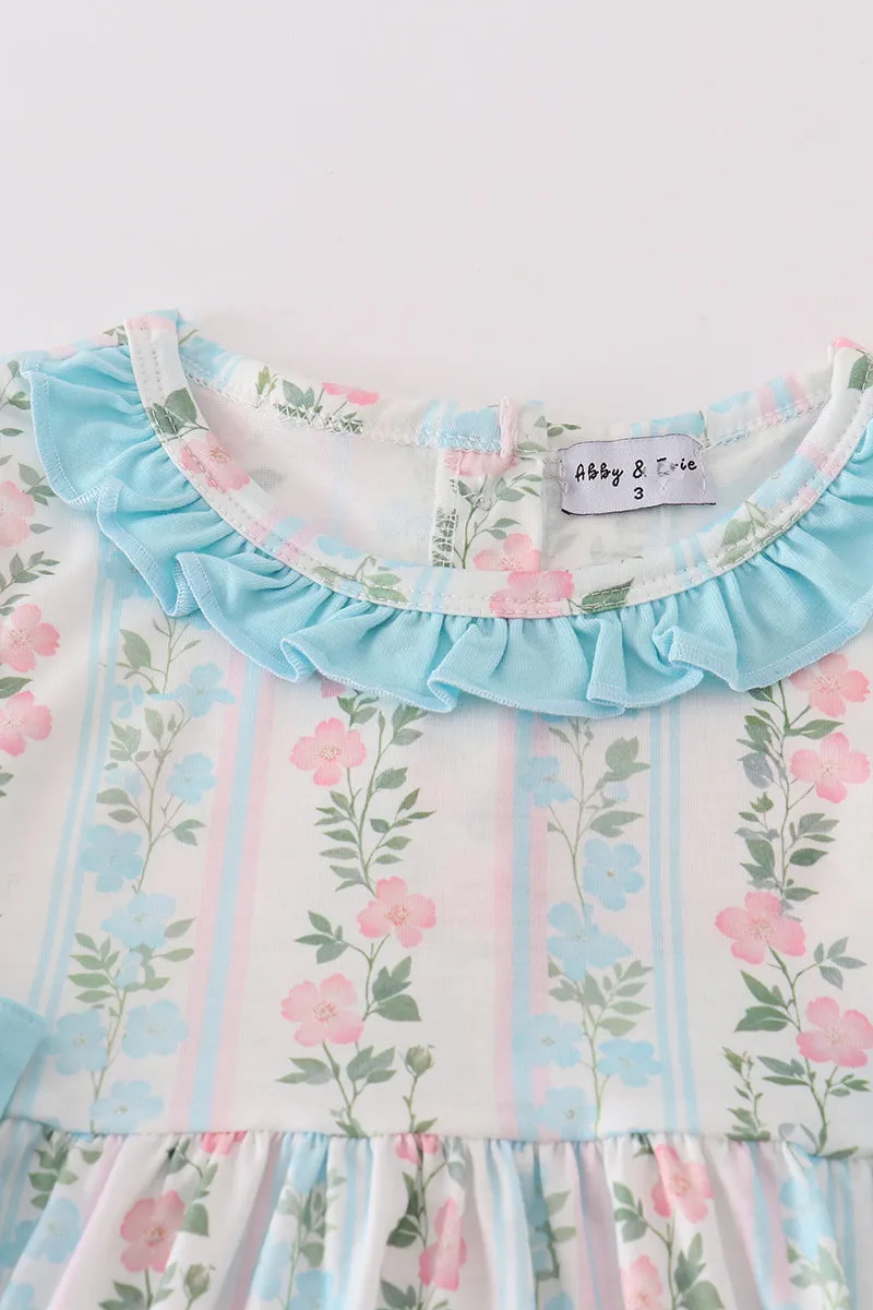 Blue Floral Print Ruffle Girl Dress