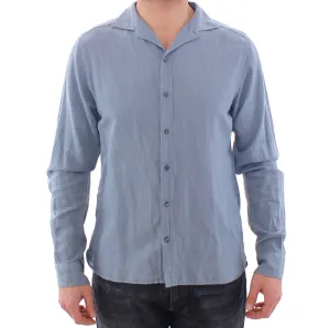 Blue Linen Cotton Blend Casual Dress Shirt