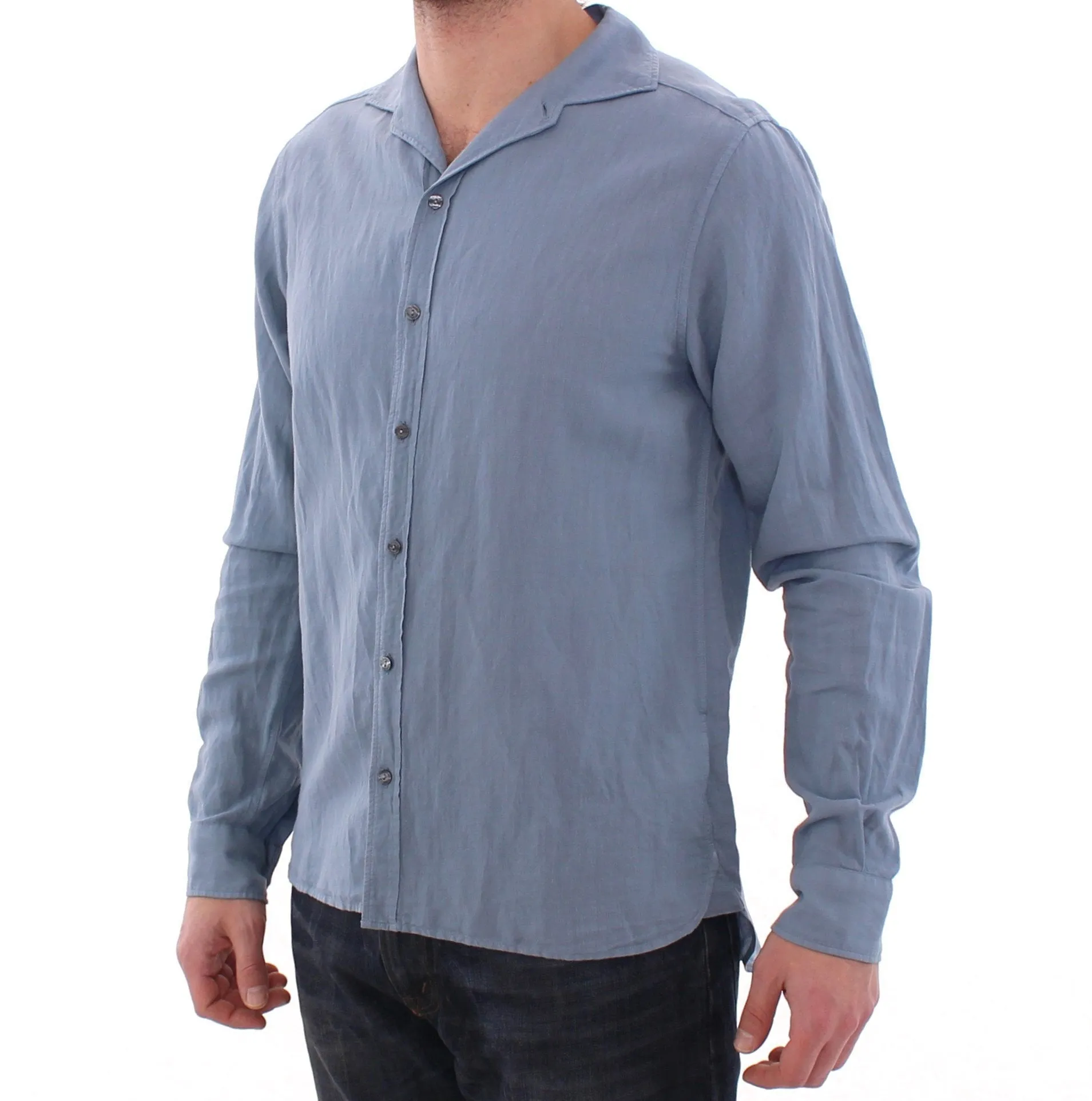 Blue Linen Cotton Blend Casual Dress Shirt