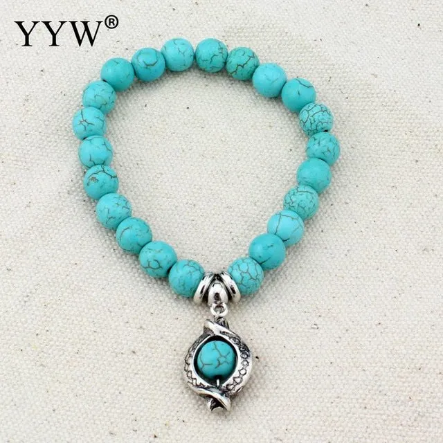 Boho Vintage Turquoises Bracelets for Women Men Cross Tree Fish Hand Pendant Charm Bracelets & Bangles Fashion Jewelry