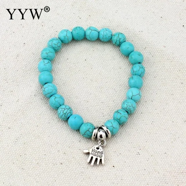 Boho Vintage Turquoises Bracelets for Women Men Cross Tree Fish Hand Pendant Charm Bracelets & Bangles Fashion Jewelry