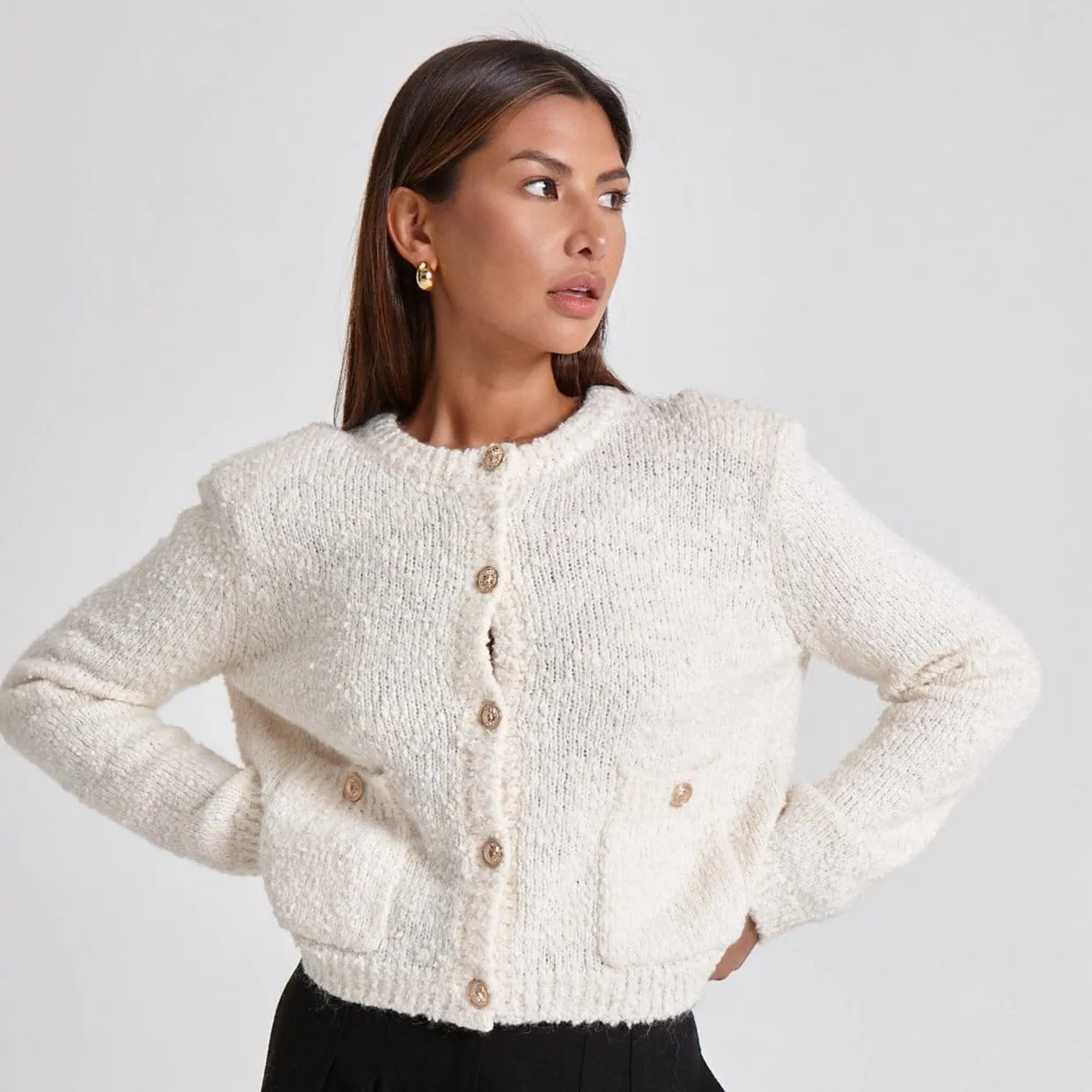 BOUCLE KNIT CARDIGAN - CREAM