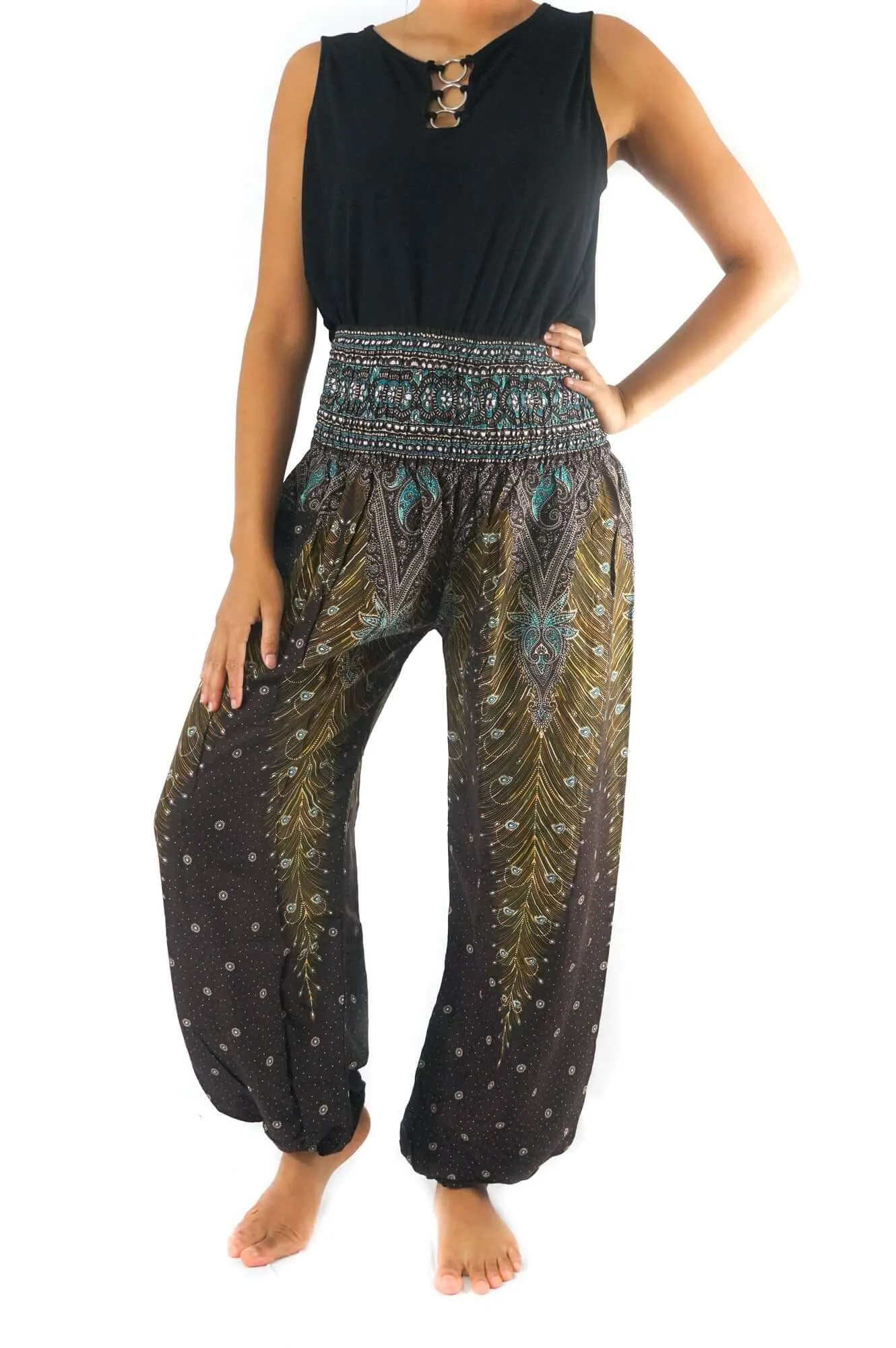 Brown Teal Peacock Womens Boho Pants