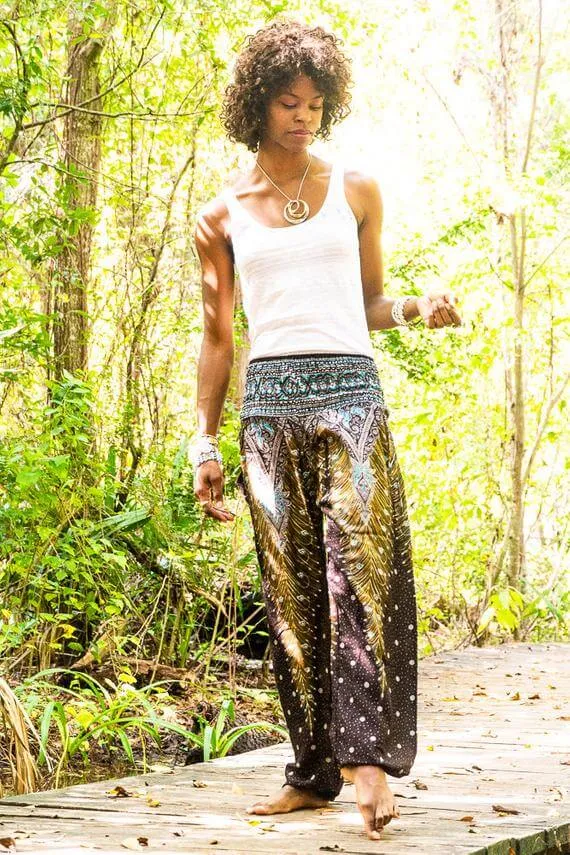 Brown Teal Peacock Womens Boho Pants